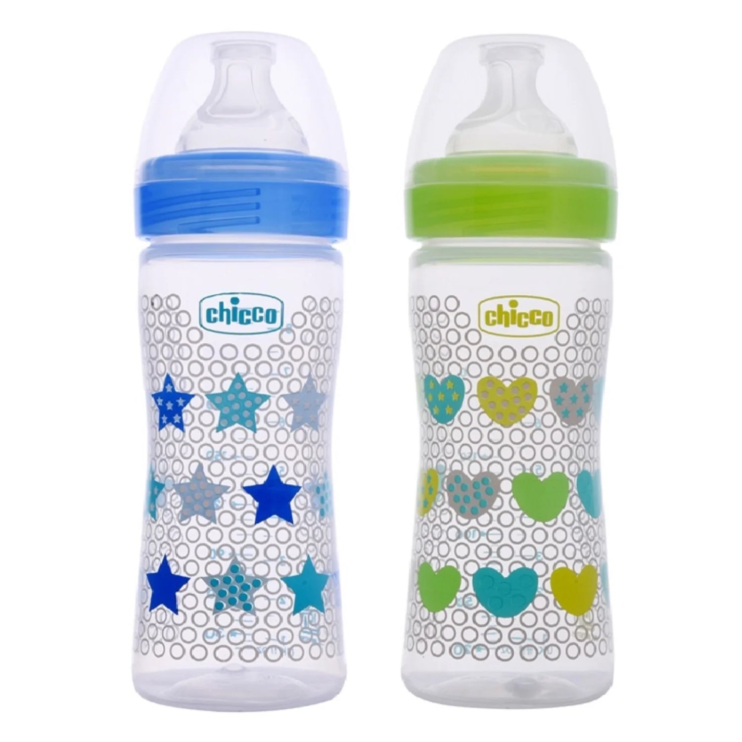 Chicco Well Being Bipack Medium Flow Bottle 250ml 2M+ Blue & Green