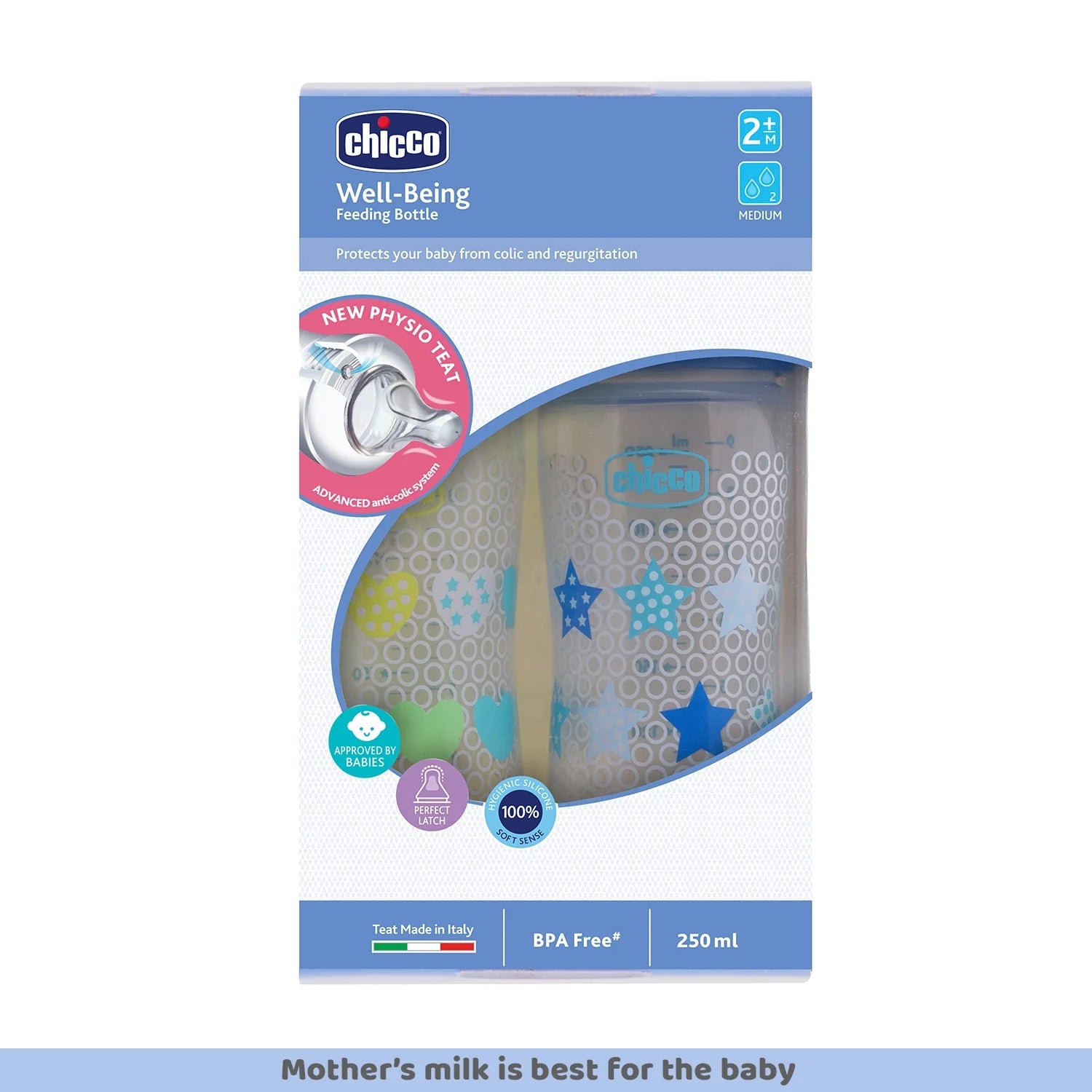 Chicco Well Being Bipack Medium Flow Bottle 250ml 2M+ Blue & Green