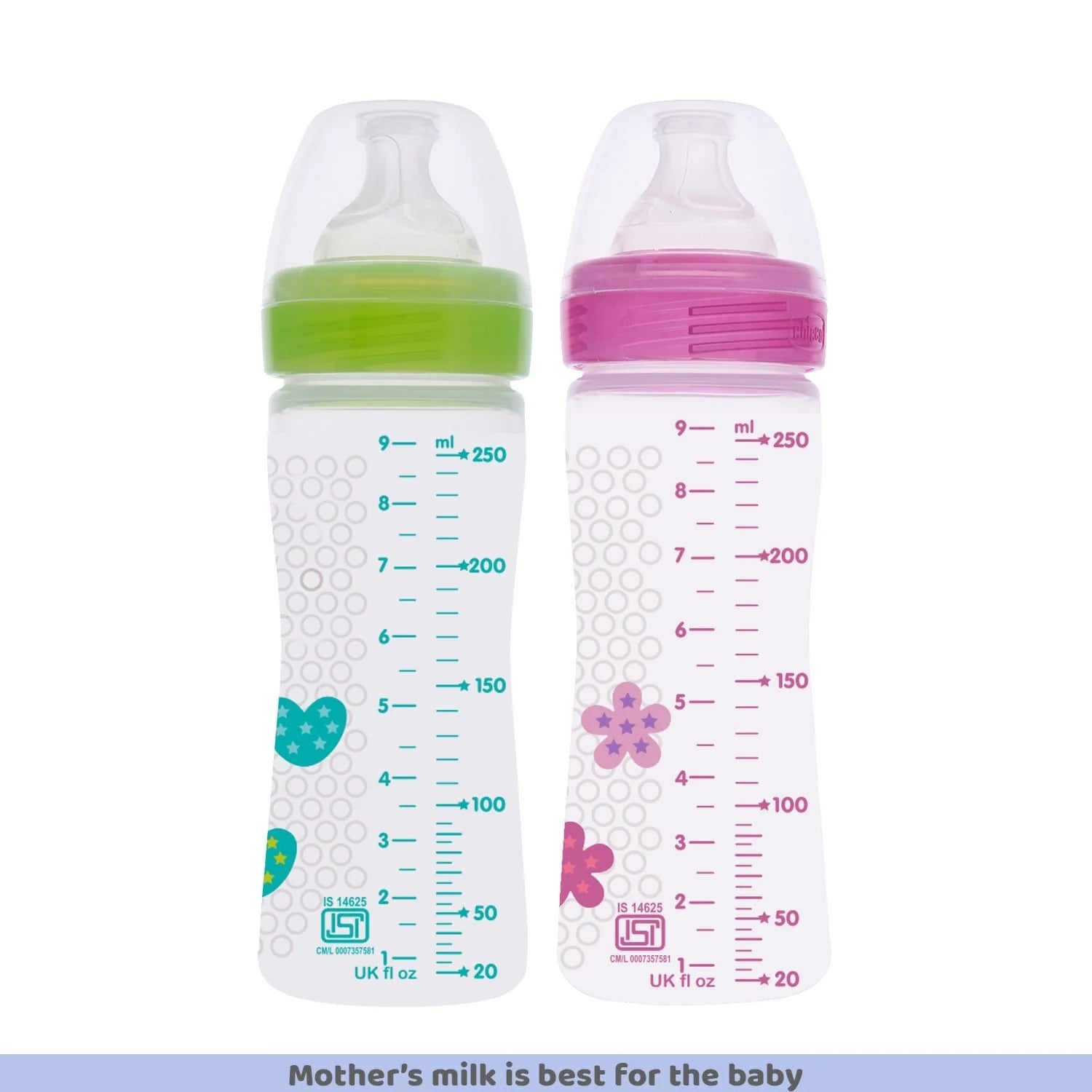 Chicco Well Being Bipack Medium Flow Bottle 250ml 2M+ Pink & Green