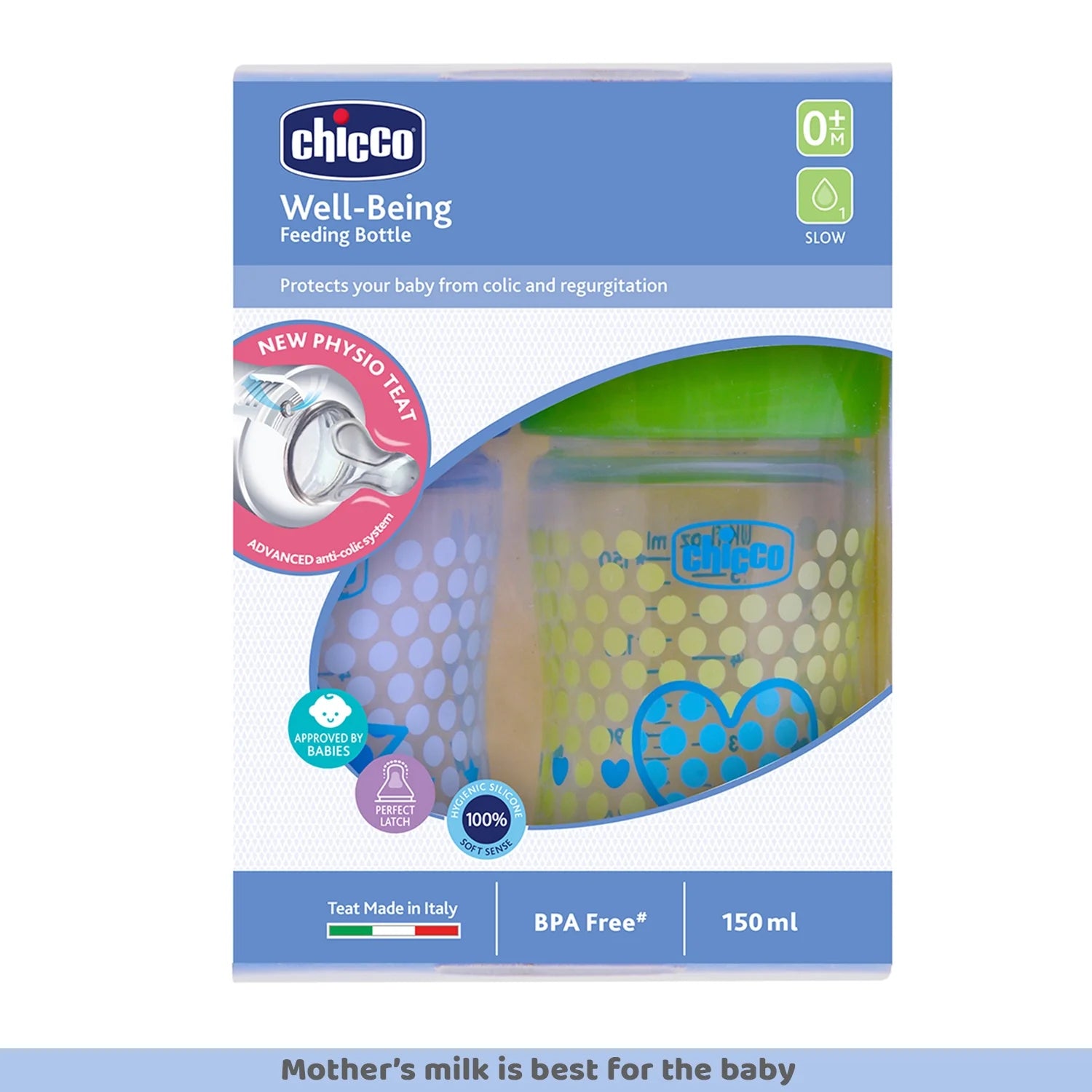 Chicco Well Being Bipack Slow Flow Bottle 150ml 0M+ Blue & Green