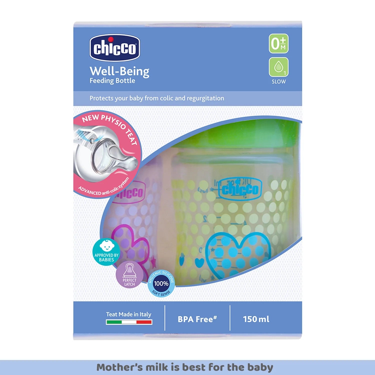 Chicco Well Being Bipack Slow Flow Bottle 150ml 0M+ Pink & Green
