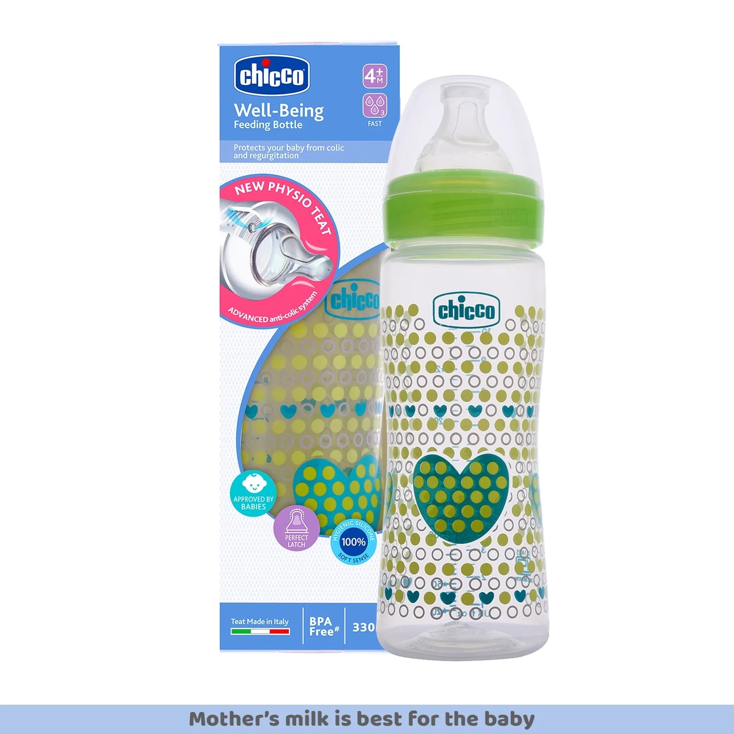 Chicco Well Being Fast Flow Baby Bottle 330ml  6M+ Green