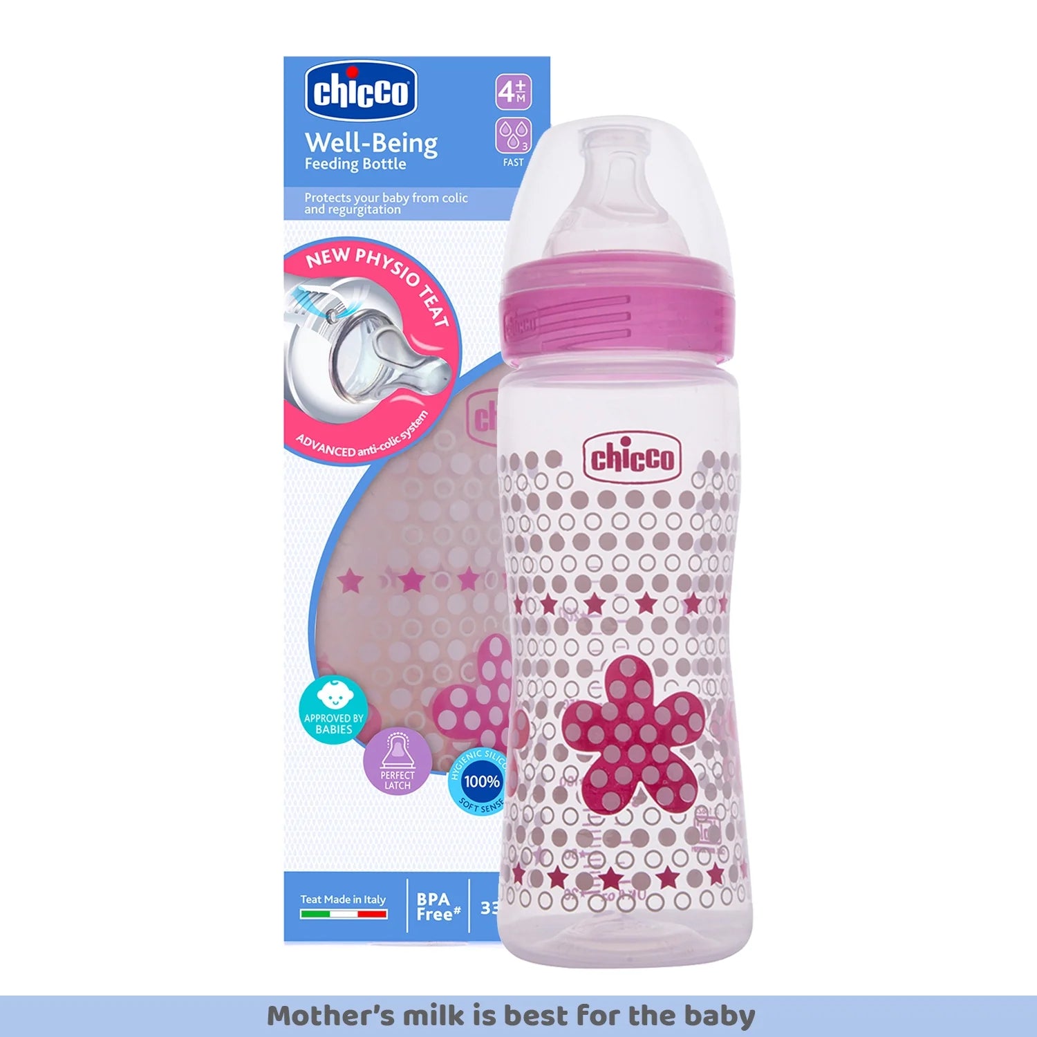 Chicco Well Being Fast Flow Baby Bottle 330ml 6M+ Pink