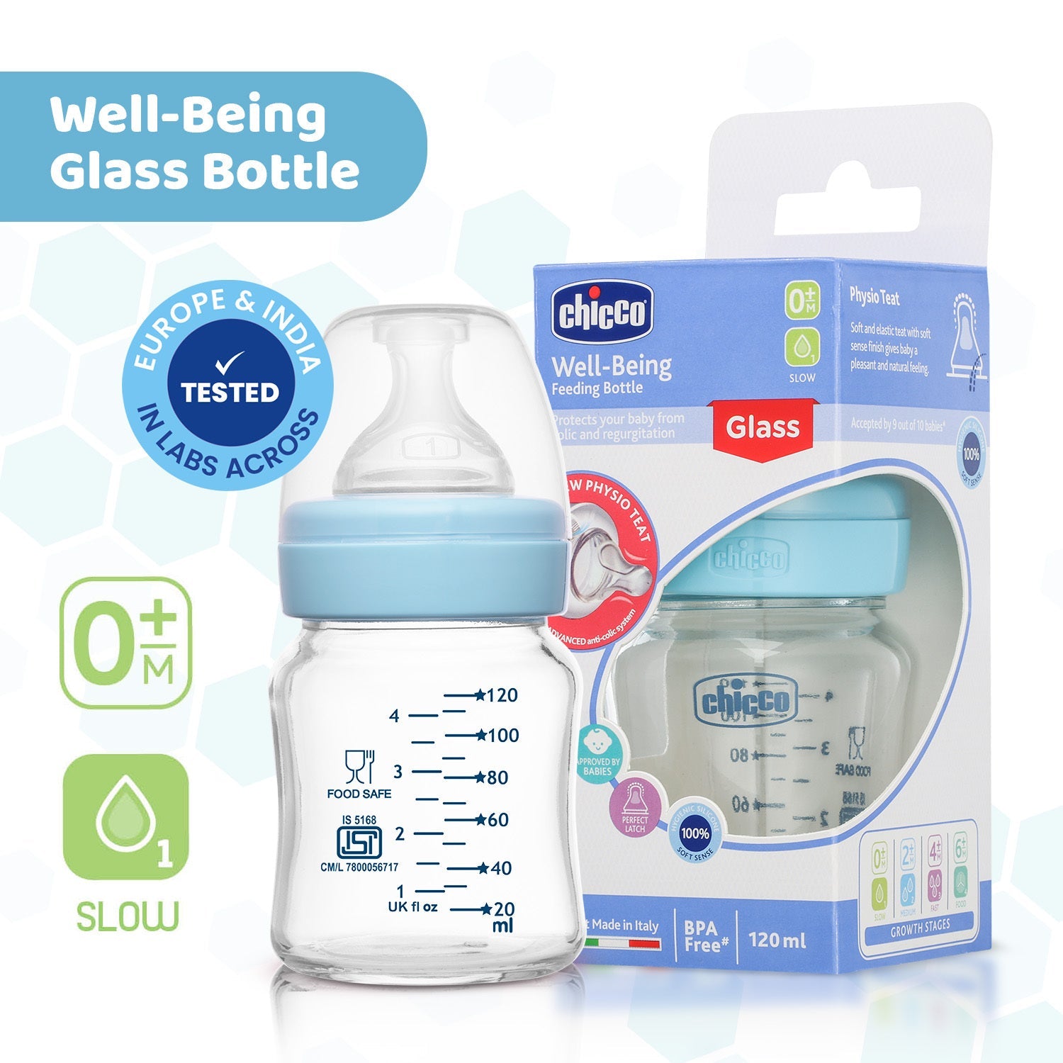 Chicco Well Being Glass Feeding Bottle 120ml  Blue Slow Flow 0M+