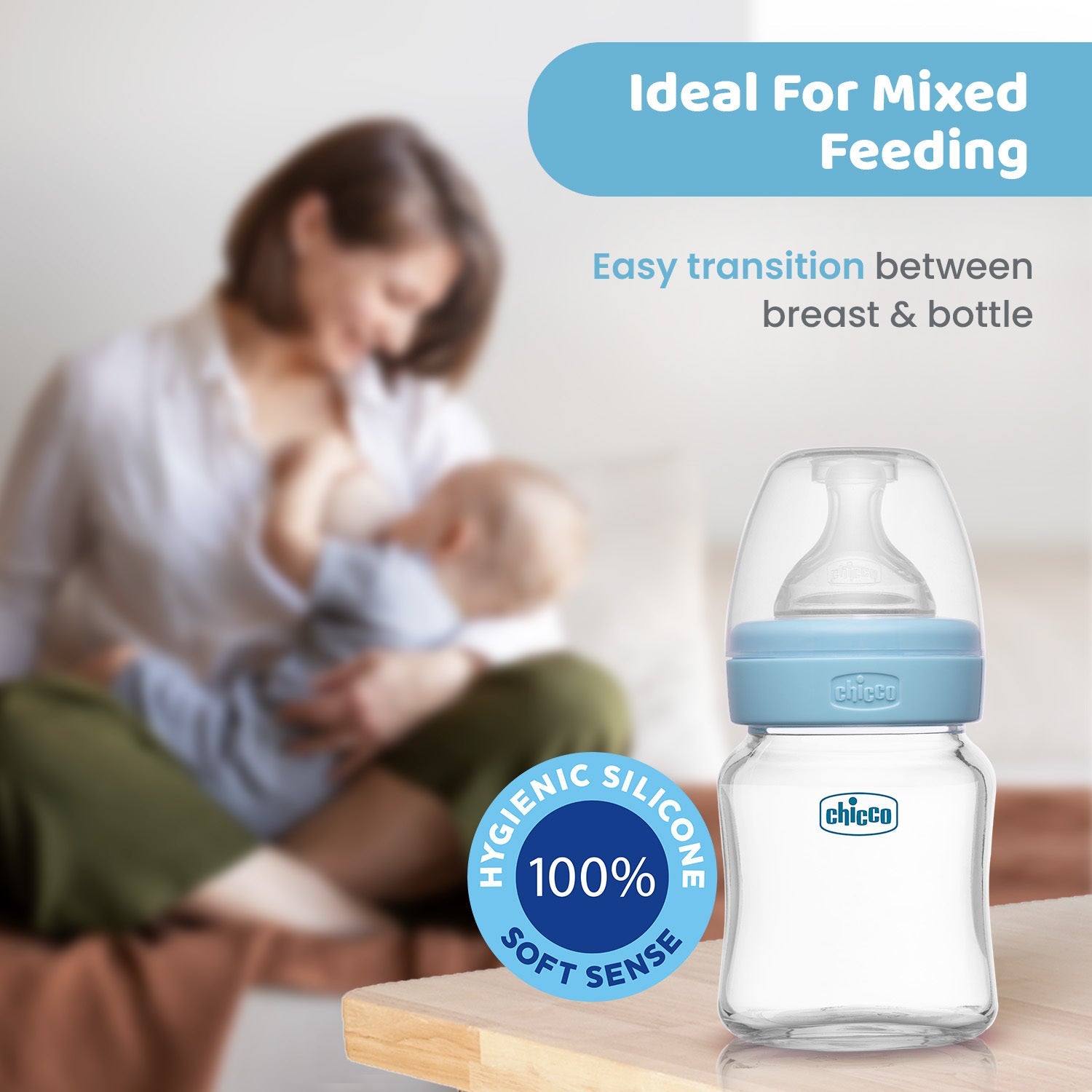 Chicco Well Being Glass Feeding Bottle 120ml  Blue Slow Flow 0M+