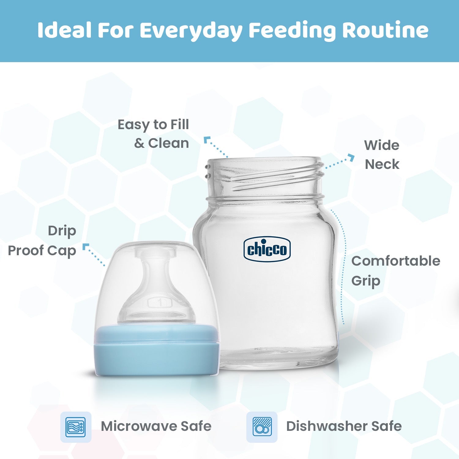 Chicco Well Being Glass Feeding Bottle 120ml  Blue Slow Flow 0M+