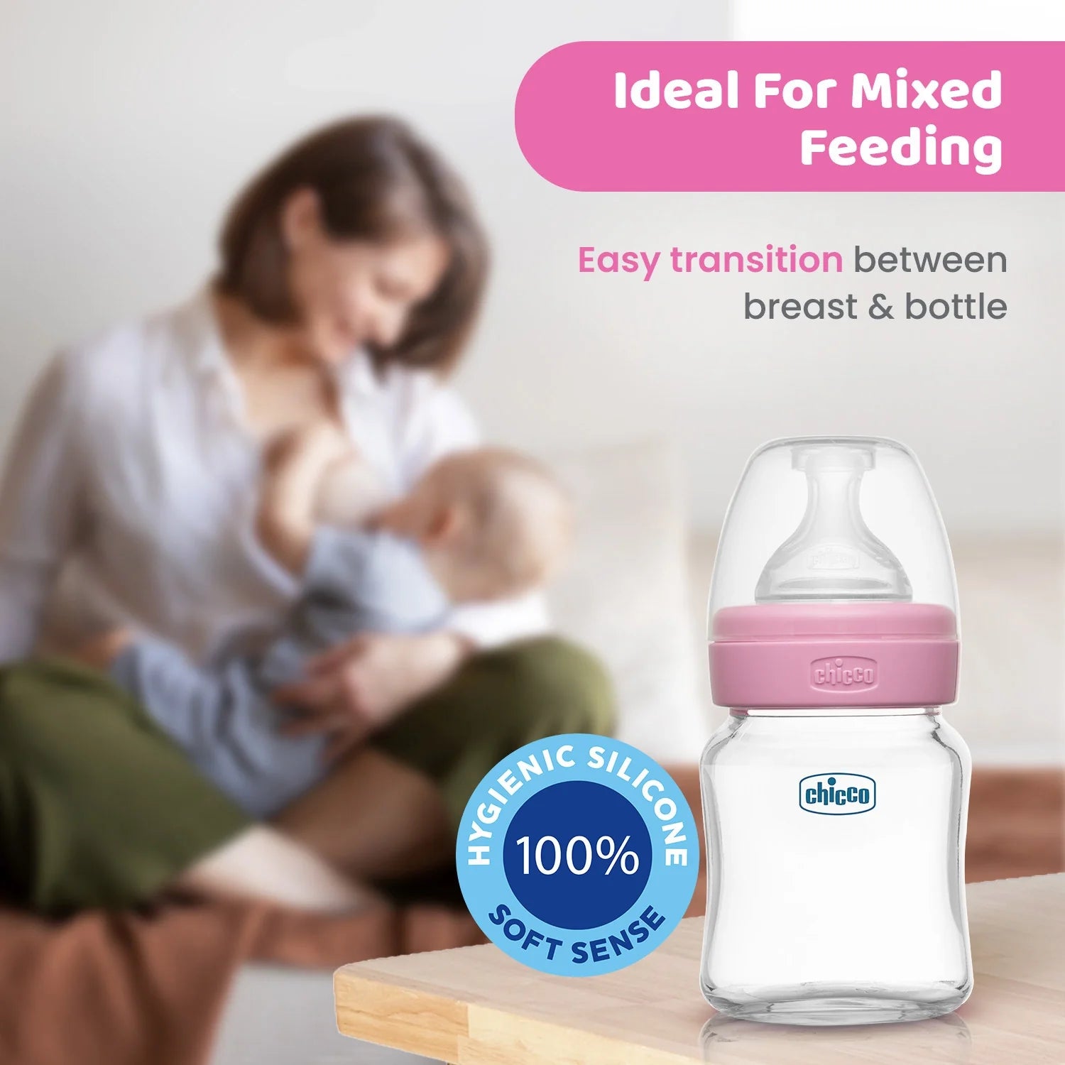 Chicco Well Being Glass Feeding Bottle 120ml  Pink Slow Flow 0M+