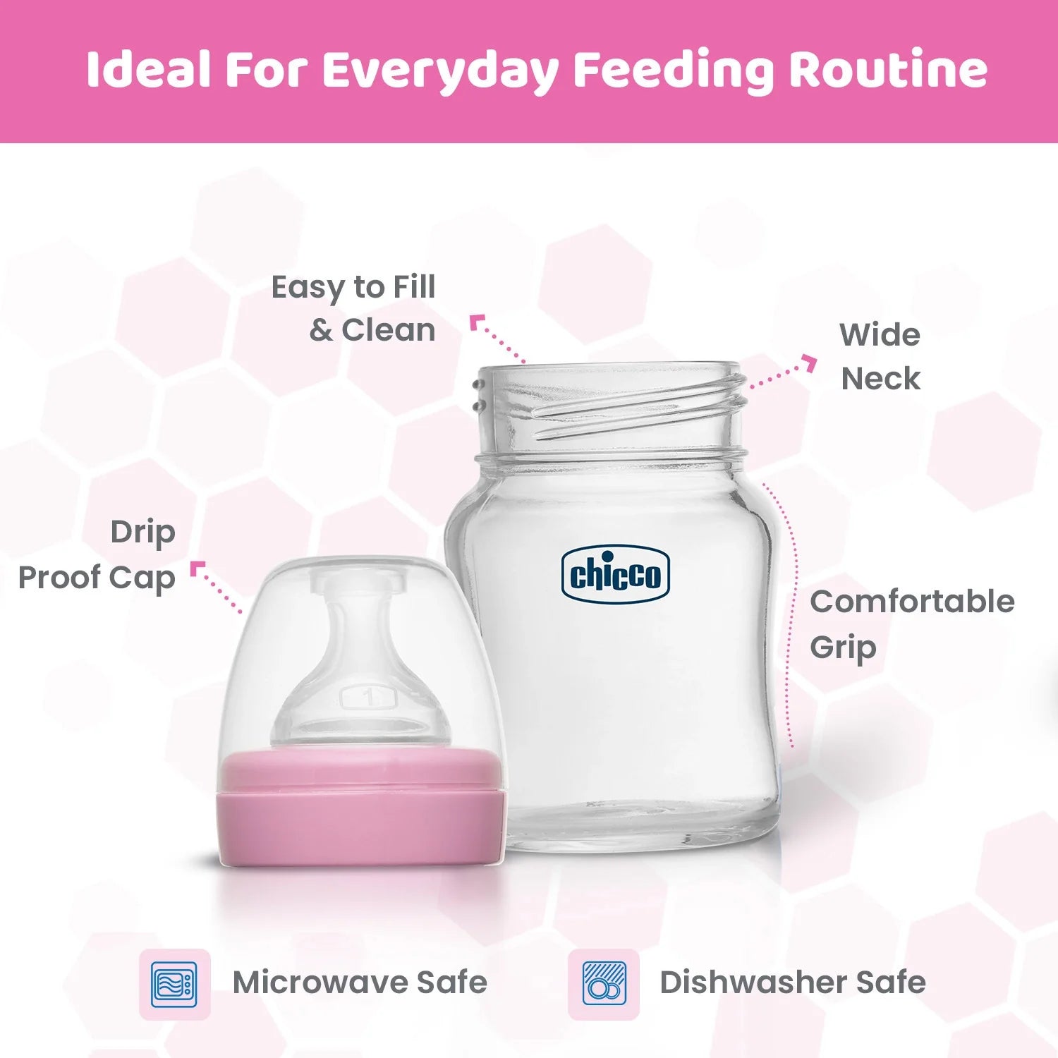 Chicco Well Being Glass Feeding Bottle 120ml  Pink Slow Flow 0M+