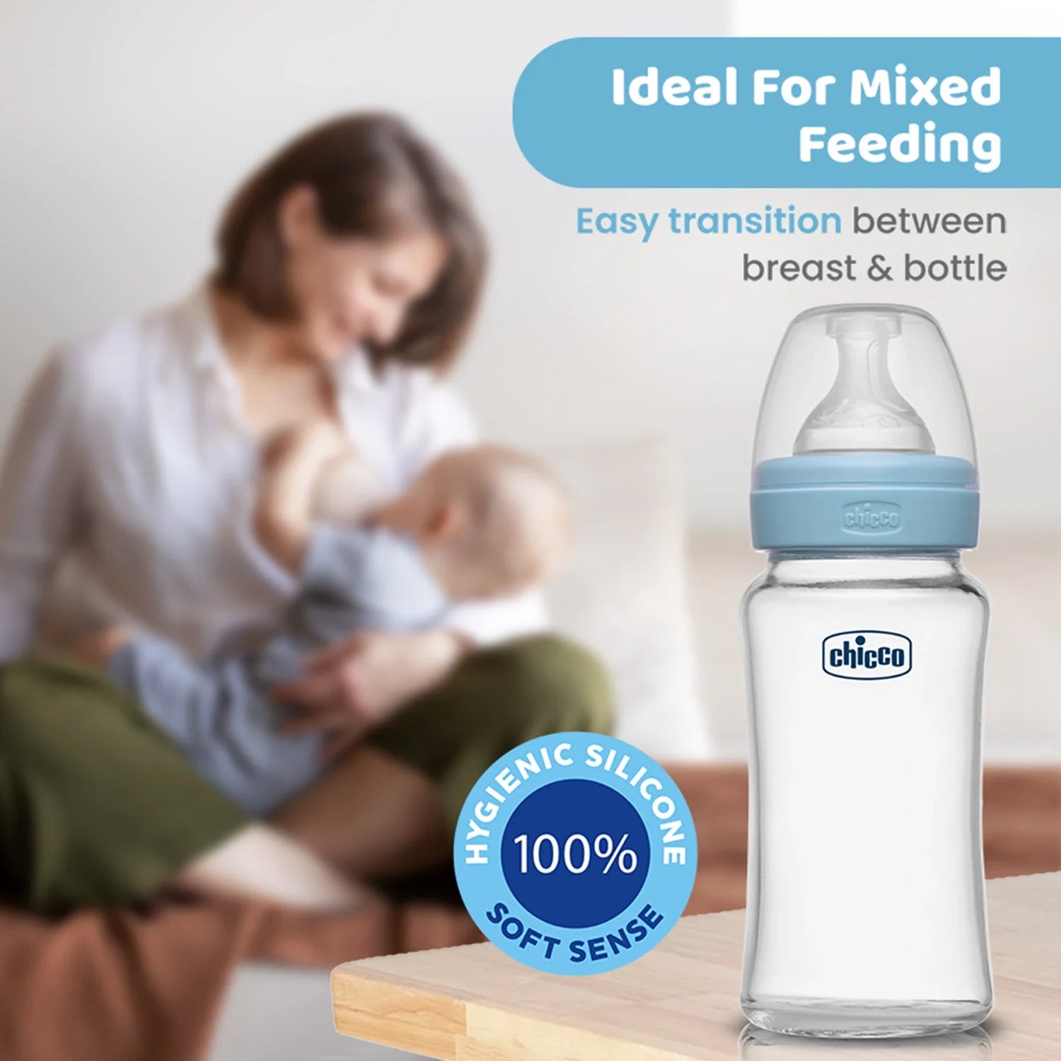 Chicco Well Being Glass Feeding Bottle 240ml  Blue Medium Flow 2M+
