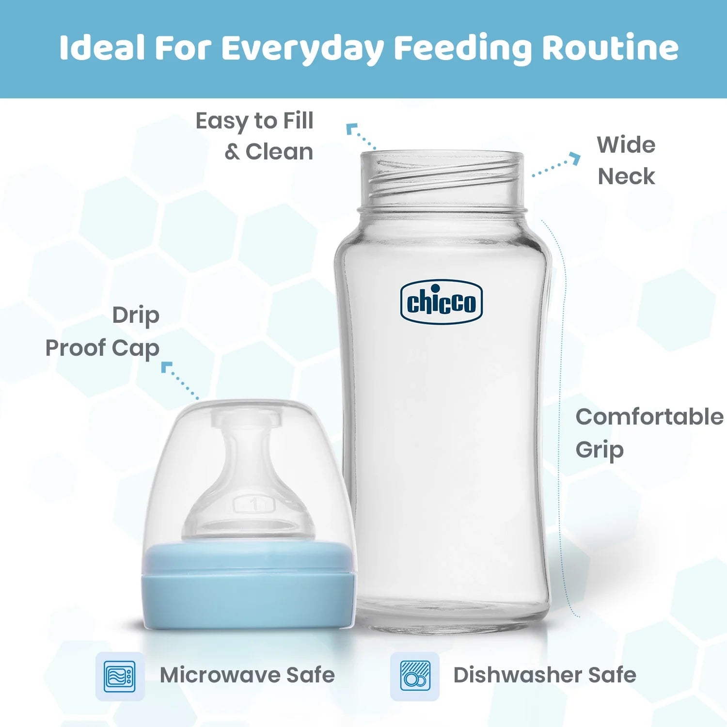 Chicco Well Being Glass Feeding Bottle 240ml  Blue Medium Flow 2M+