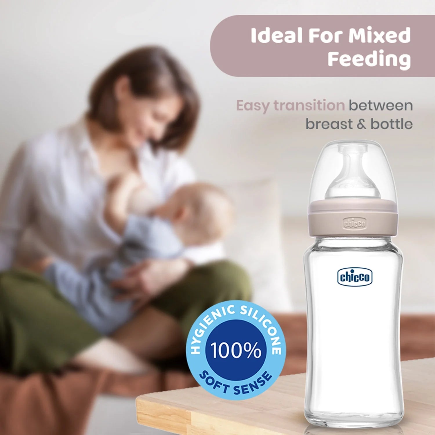 Chicco Well Being Glass Feeding Bottle 240ml Neutral Medium Flow 2M+