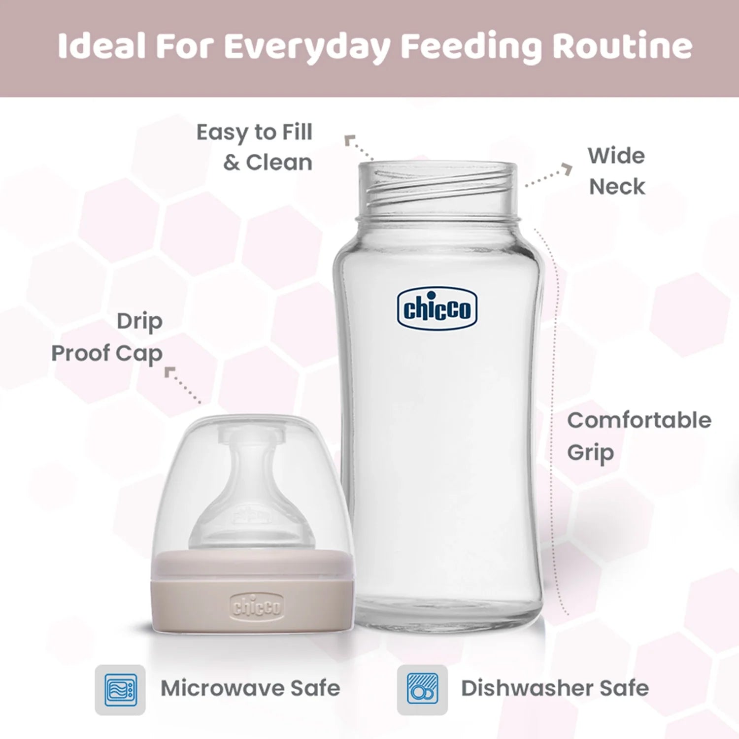 Chicco Well Being Glass Feeding Bottle 240ml Neutral Medium Flow 2M+
