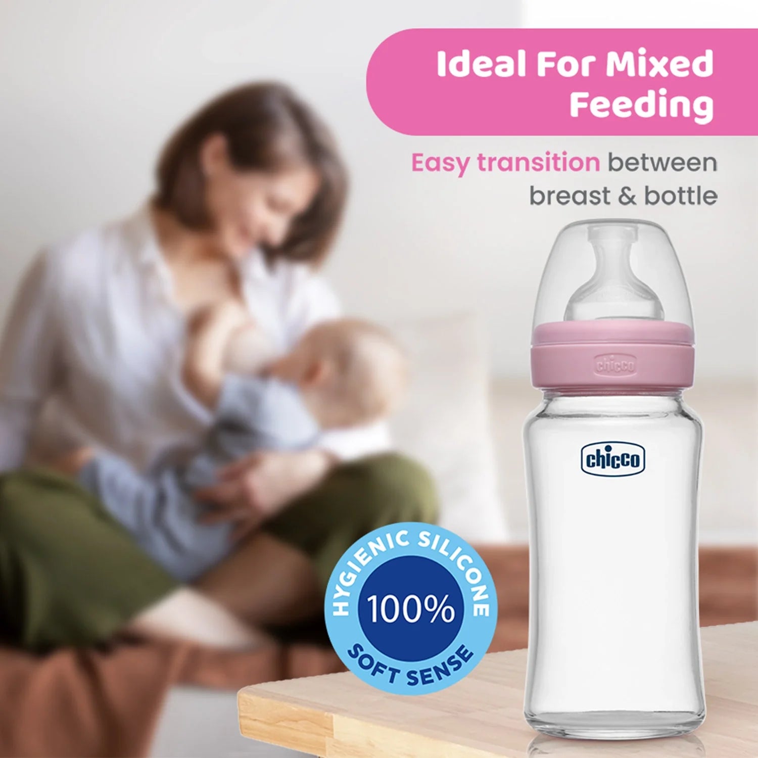 Chicco Well Being Glass Feeding Bottle 240ml  Pink Medium Flow 2M+