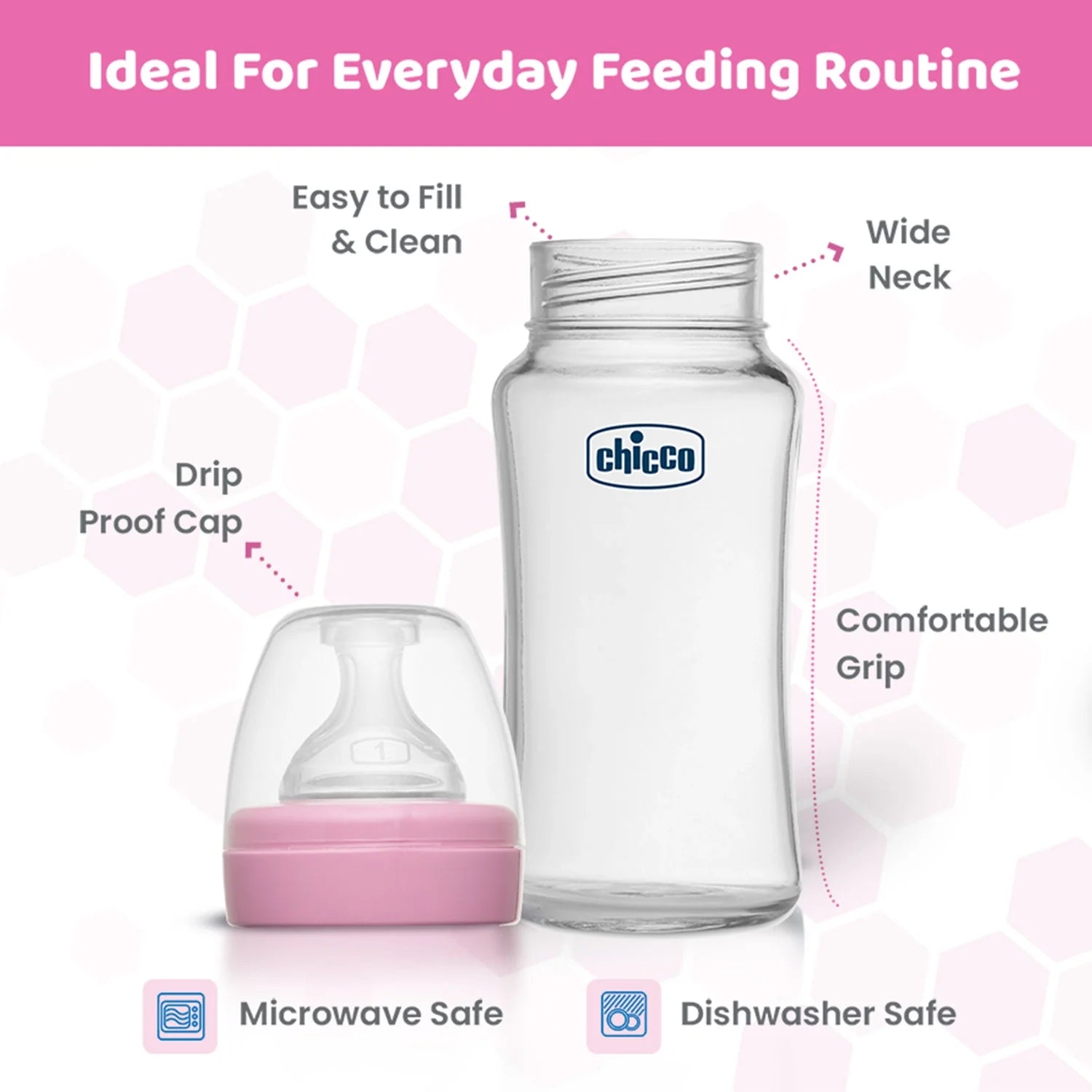 Chicco Well Being Glass Feeding Bottle 240ml  Pink Medium Flow 2M+