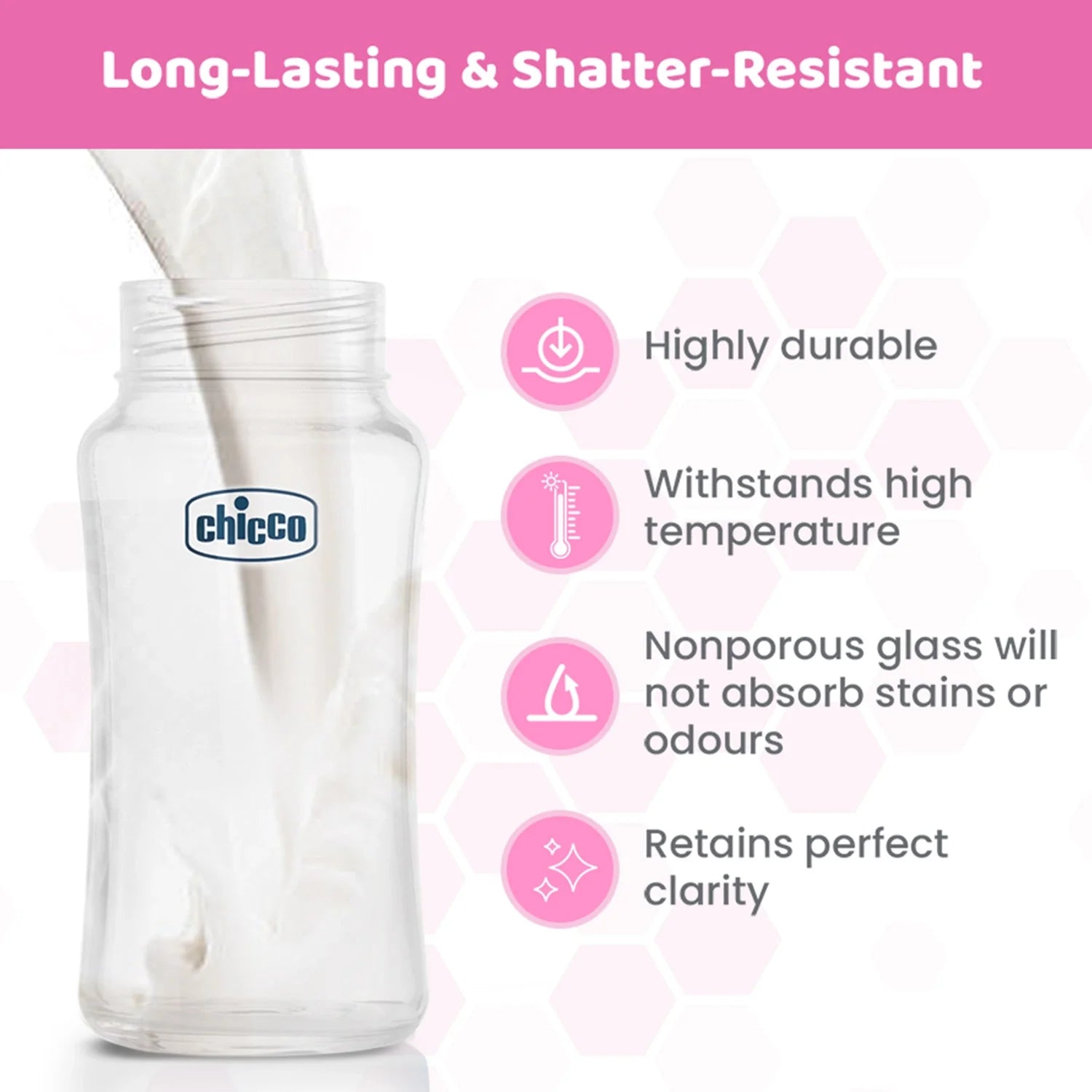 Chicco Well Being Glass Feeding Bottle 240ml  Pink Medium Flow 2M+