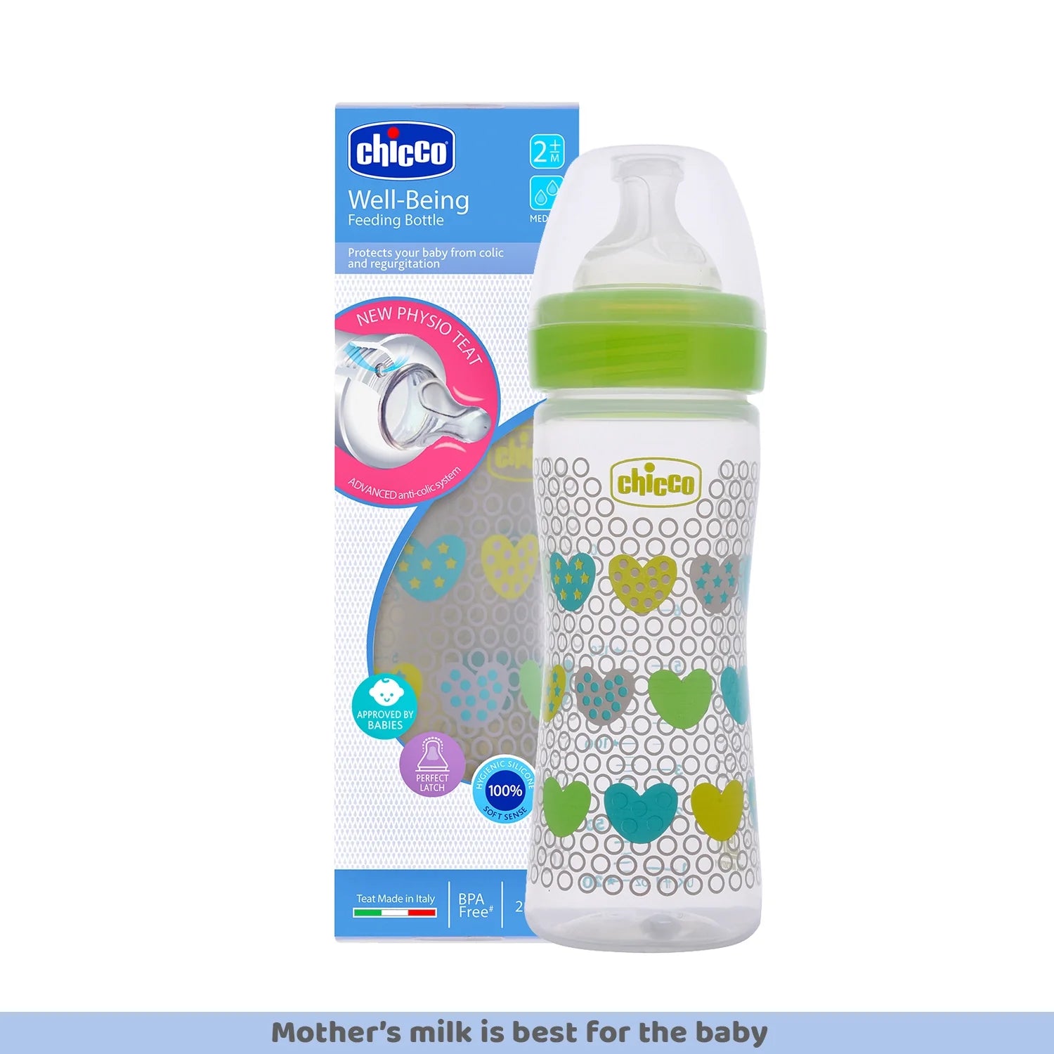 Chicco Well Being Medium Flow Baby Bottle 250ml  2M+ Green