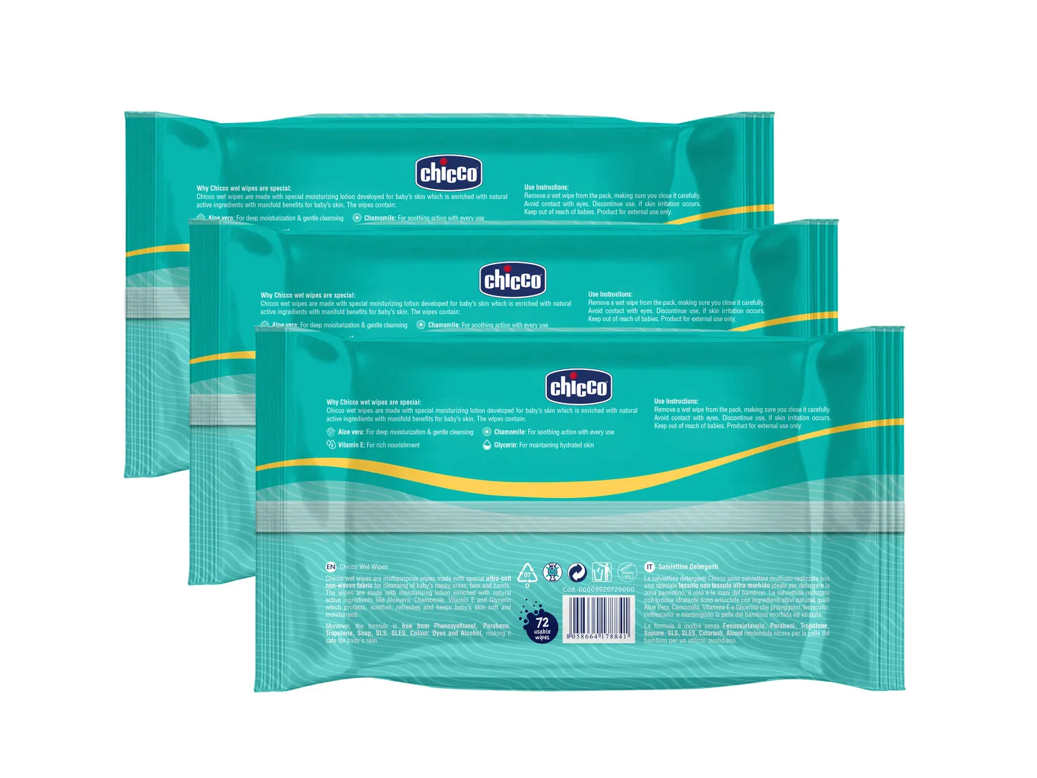 Chicco Wet Wipes Fliptop Pack of 3 216 Pcs