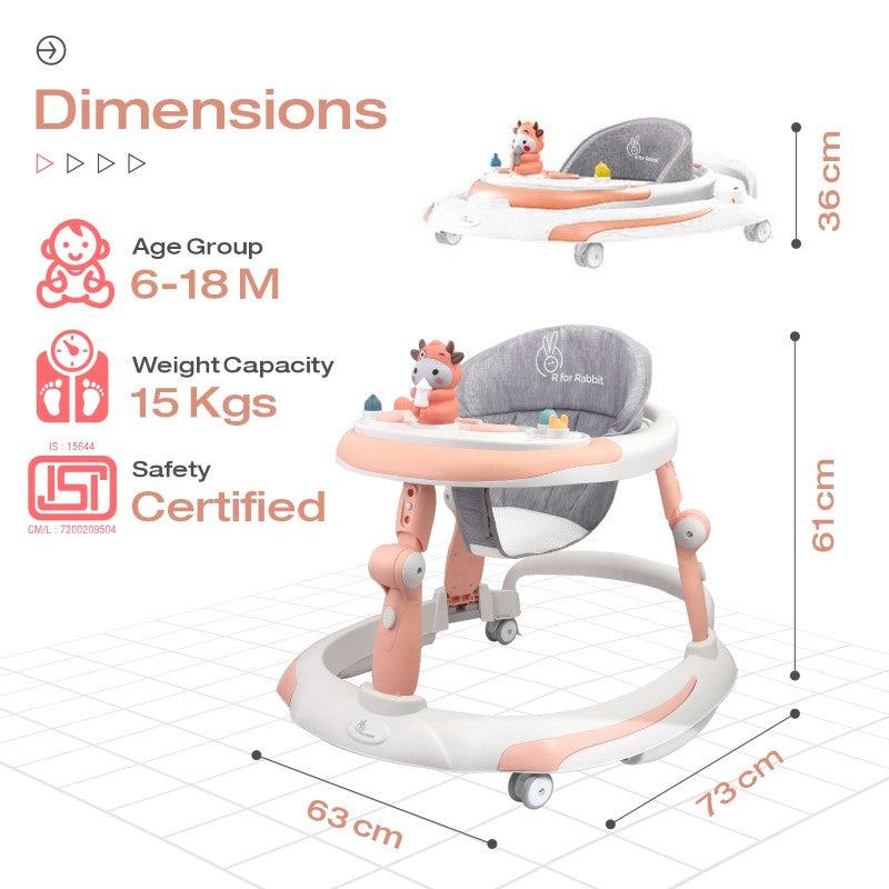 R for Rabbit Little Feet Plus Walker - Detachable Toy Bar/Meal Tray With Music & Light, 3 Level Height/ 4 Level Seat Adjustment, 2-in-1 Walker cum Rocker