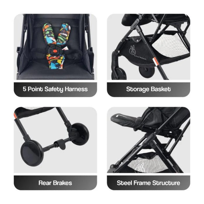 R for Rabbit Pocket Stroller Lite - One Hand Fold, Multi Recline, Light Weight, Travel Friendly, Adjustable Canopy, Steel Frame, Link Brake, 0-3 Years