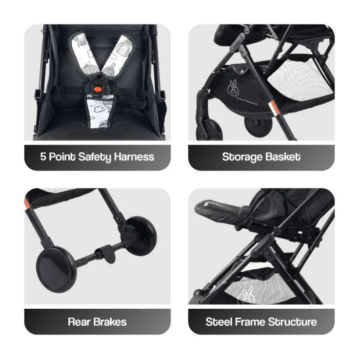 R for Rabbit Pocket Stroller Lite - One Hand Fold, Multi Recline, Light Weight, Travel Friendly, Adjustable Canopy, Steel Frame, Link Brake, 0-3 Years