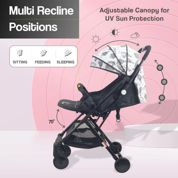 R for Rabbit Pocket Stroller Lite - One Hand Fold, Multi Recline, Light Weight, Travel Friendly, Adjustable Canopy, Steel Frame, Link Brake, 0-3 Years