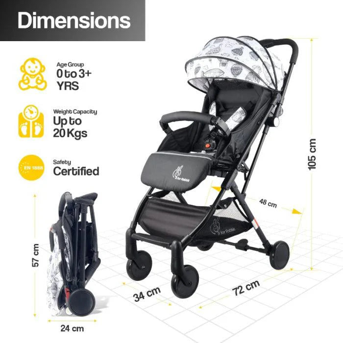 R for Rabbit Pocket Stroller Lite - One Hand Fold, Multi Recline, Light Weight, Travel Friendly, Adjustable Canopy, Steel Frame, Link Brake, 0-3 Years