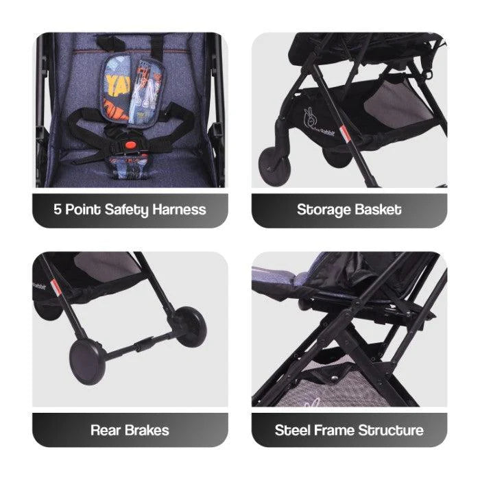 R for Rabbit Pocket Stroller Lite - One Hand Fold, Multi Recline, Light Weight, Travel Friendly, Adjustable Canopy, Steel Frame, Link Brake, 0-3 Years