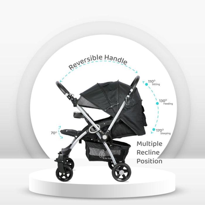 Chocolate Ride Stroller For Kids - Reversible Handle, Multiple Recline Positions, Cup Holder with Meal Tray, 5 Point Safety Harness, Storage Basket