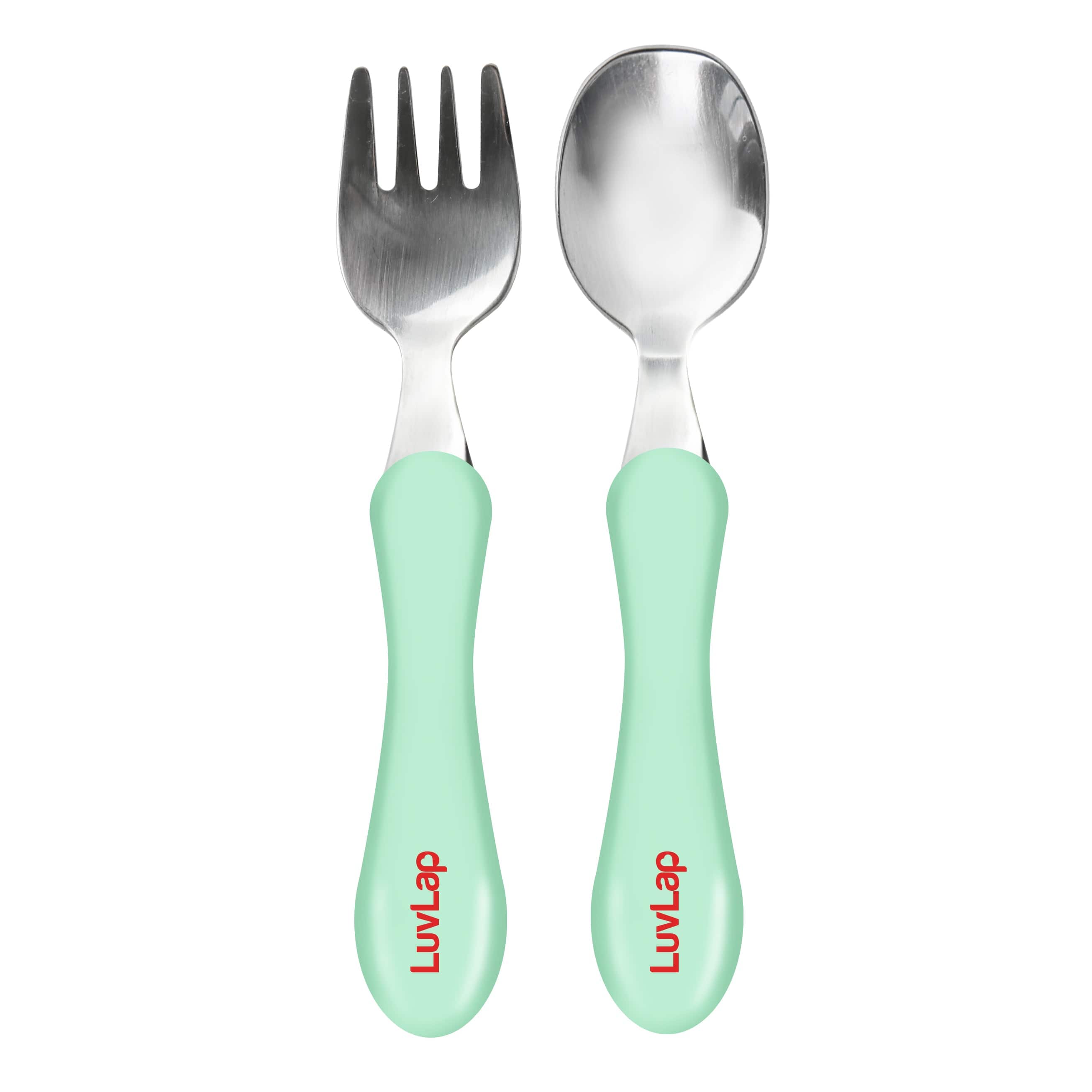 LuvLap Premium Stainless Steel Baby Spoon & Fork Set for Baby Feeding, Stainless Steel Spoon and Fork Set, Food Grade PP Spoon, BPA Free Feeding Spoon for Kids of 12+ Months (Light Green)